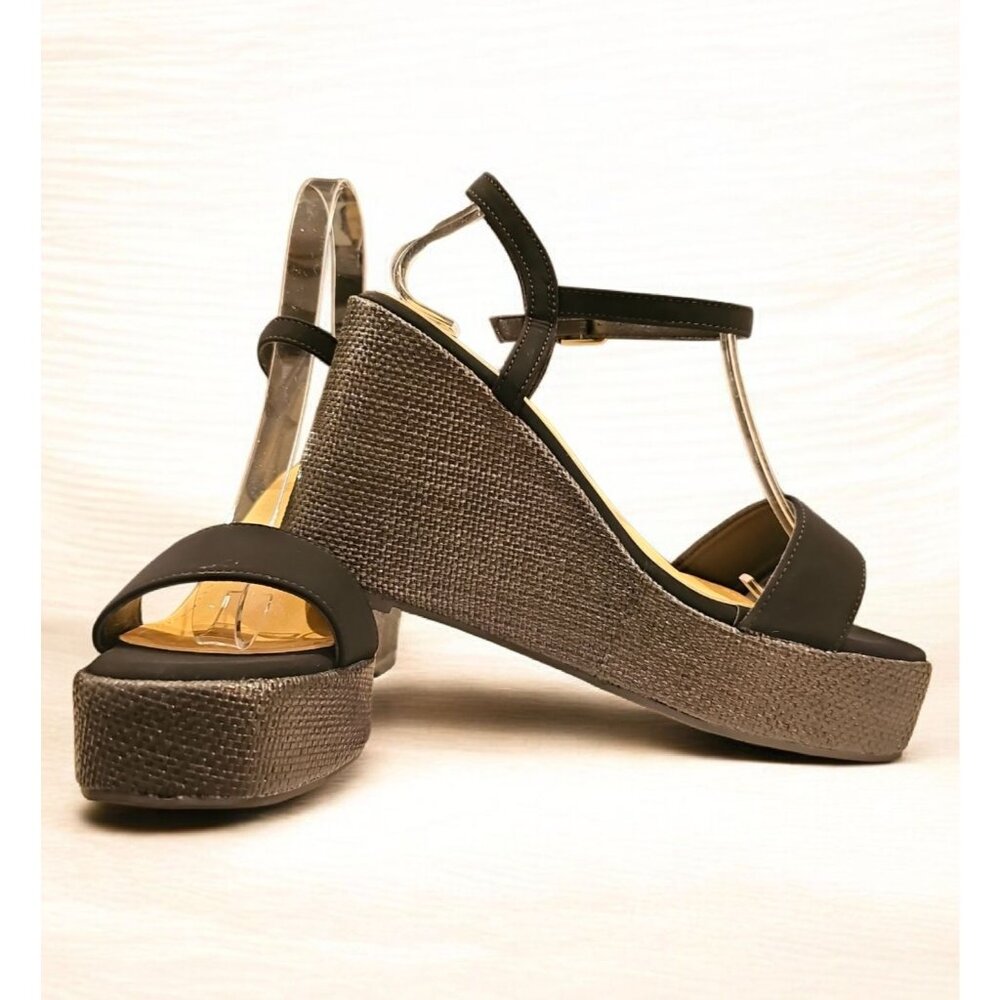 Black Wedge Sandals With Adjustable Straps & Metallic Detail - Womens Sole & Fab